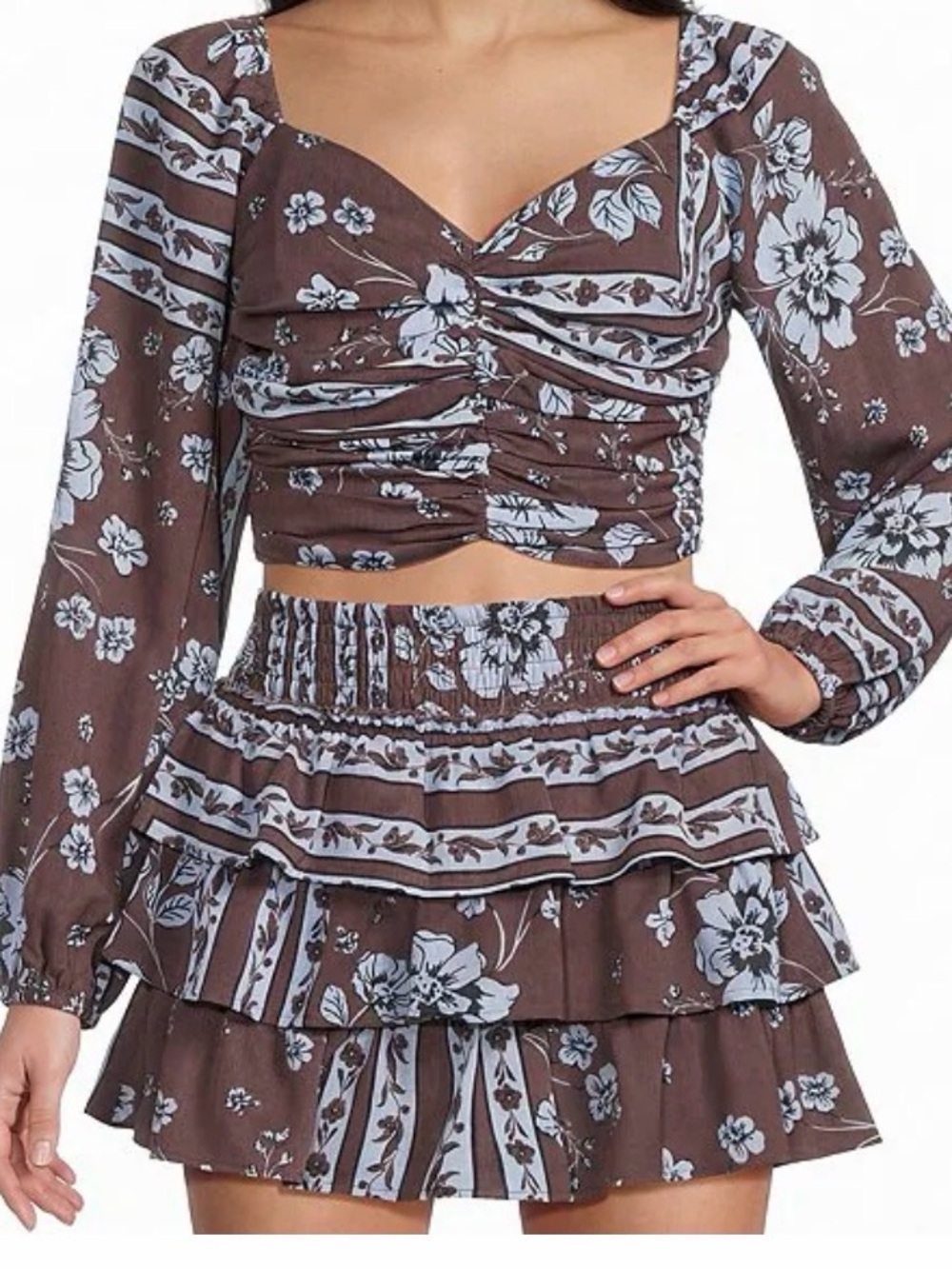GB girls Woven Brown Floral Smocked Square-Neck Crop Top